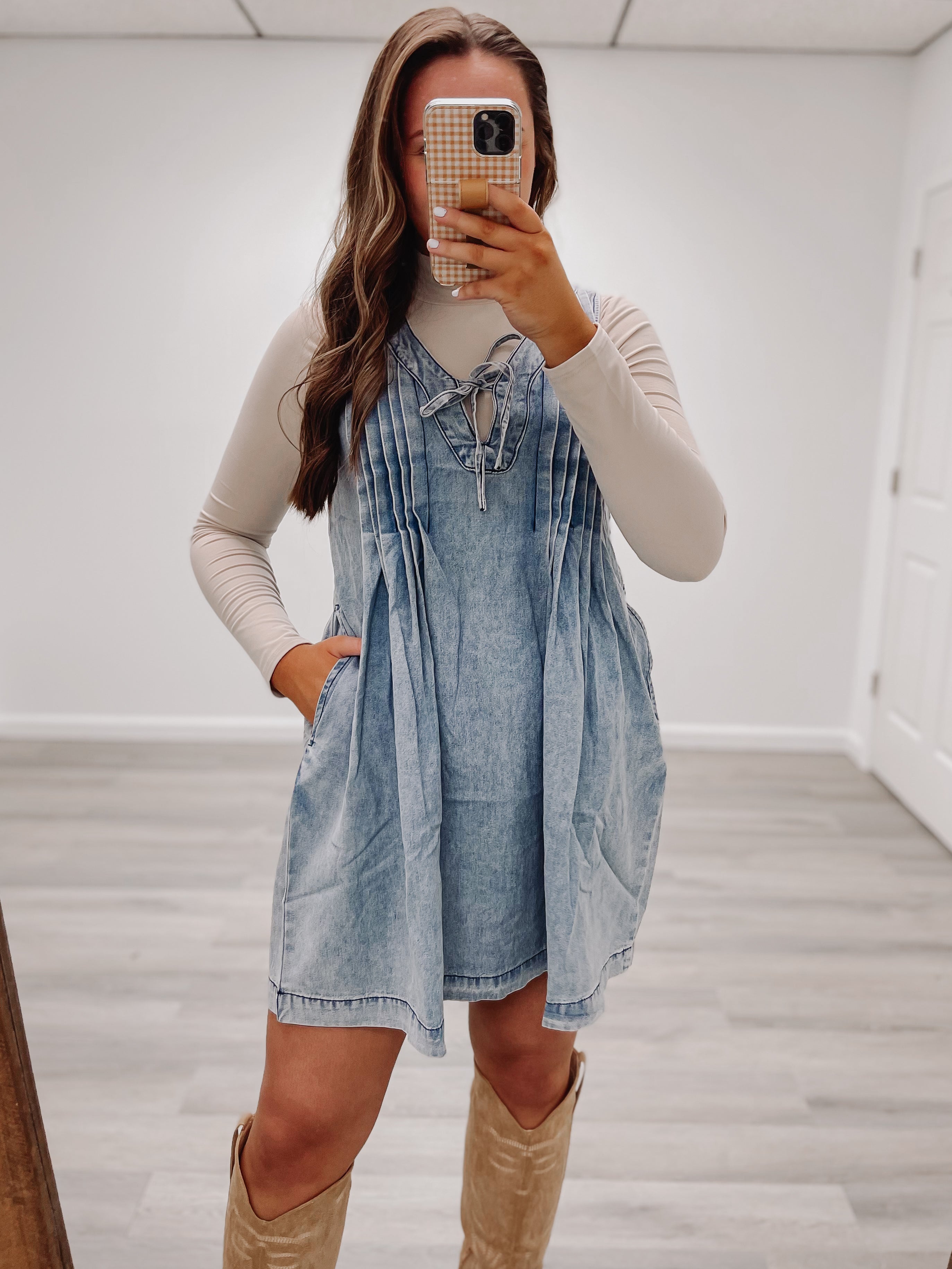 Pleated Denim Dress