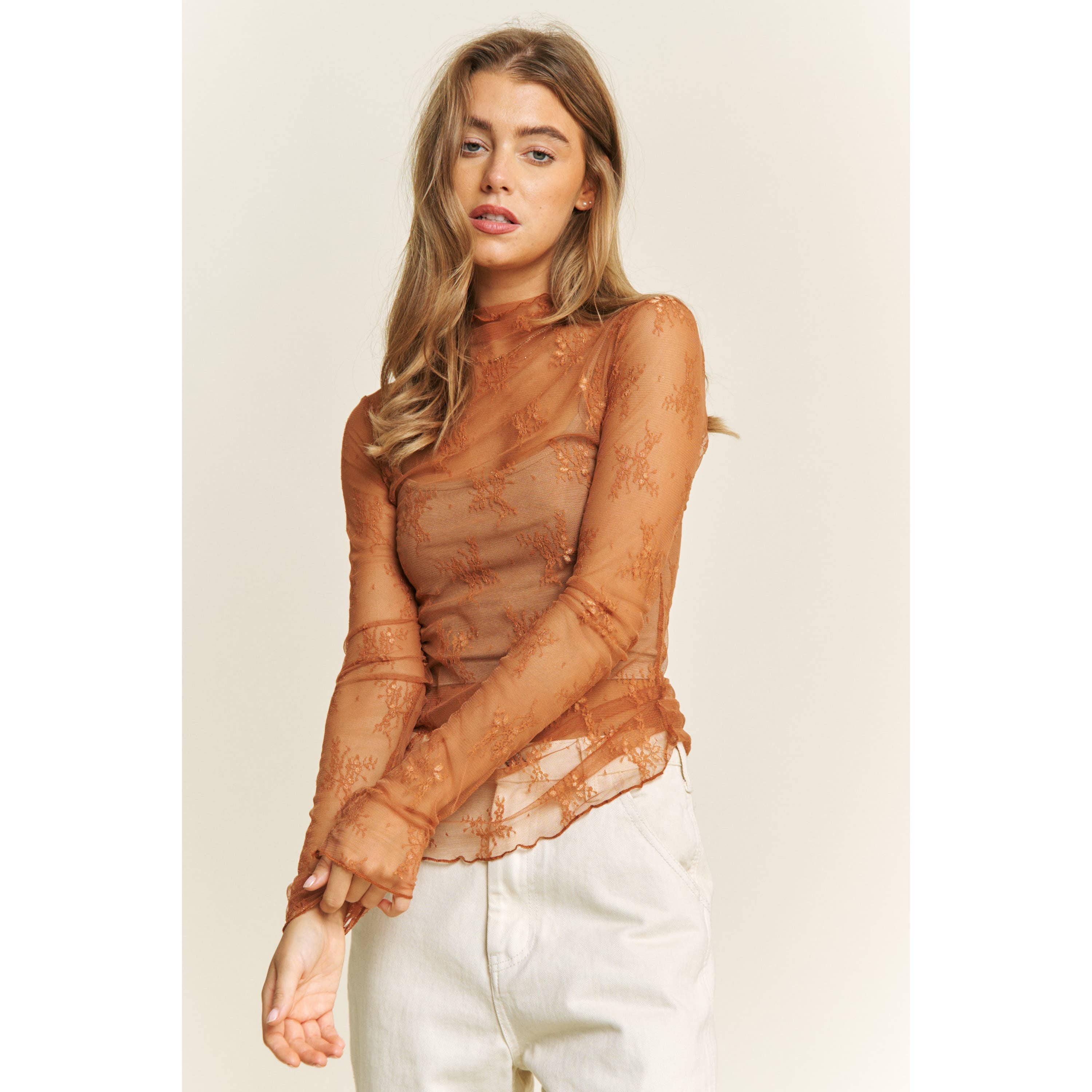 The Delicate Detail Mesh Top - CARAMEL