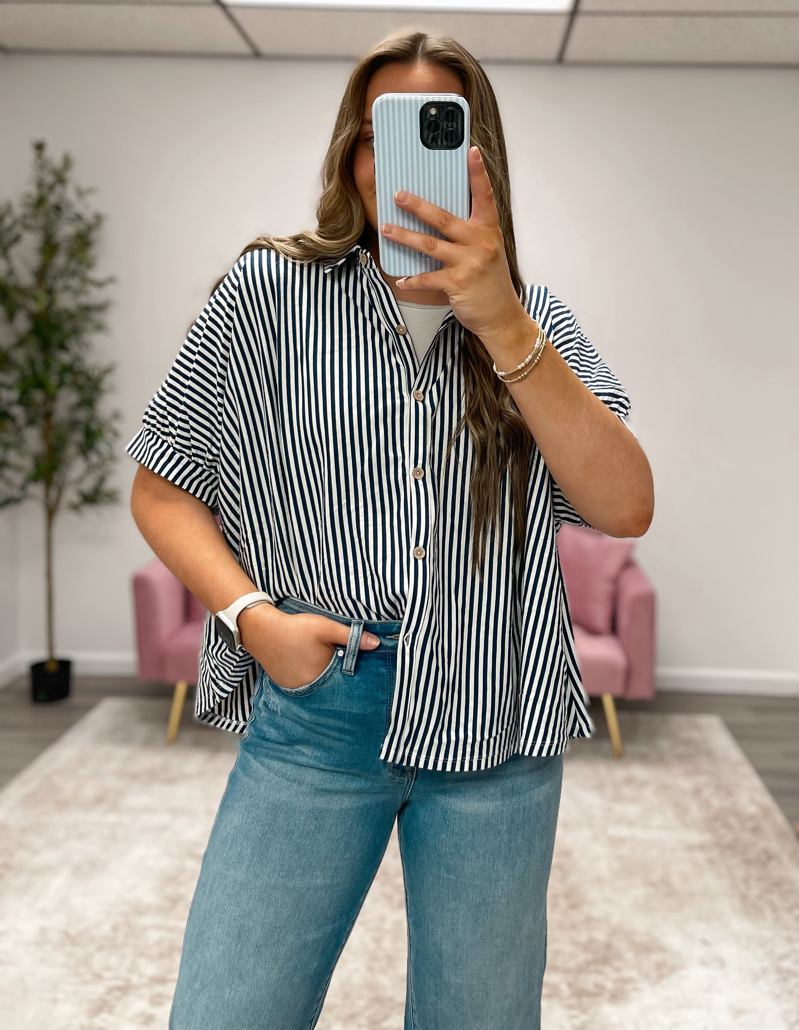 Navy Stripe Oversized Button Down