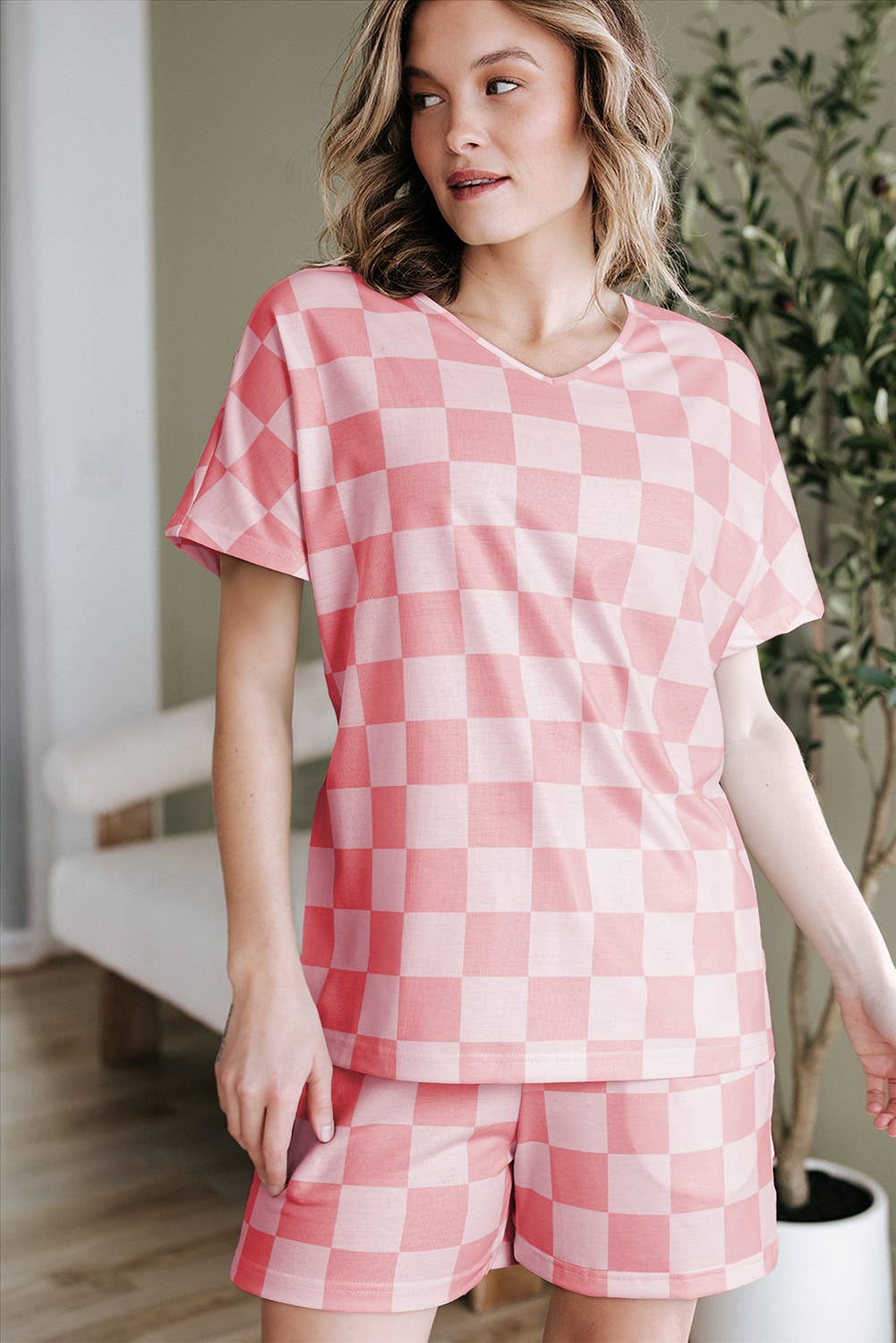 Checkered V Neck Tee Drawstring Shorts Lounge Set
