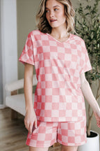 Checkered V Neck Tee Drawstring Shorts Lounge Set