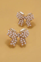 MINI PEARL BOW RIBBON GOLD EARRINGS
