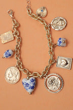 BLUE CERAMIC PORCELAIN COIN CROSS CHARM BRACELET