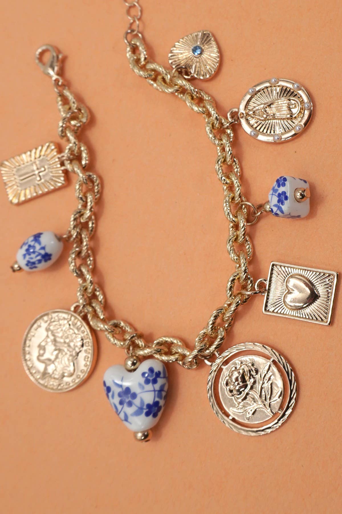 BLUE CERAMIC PORCELAIN COIN CROSS CHARM BRACELET