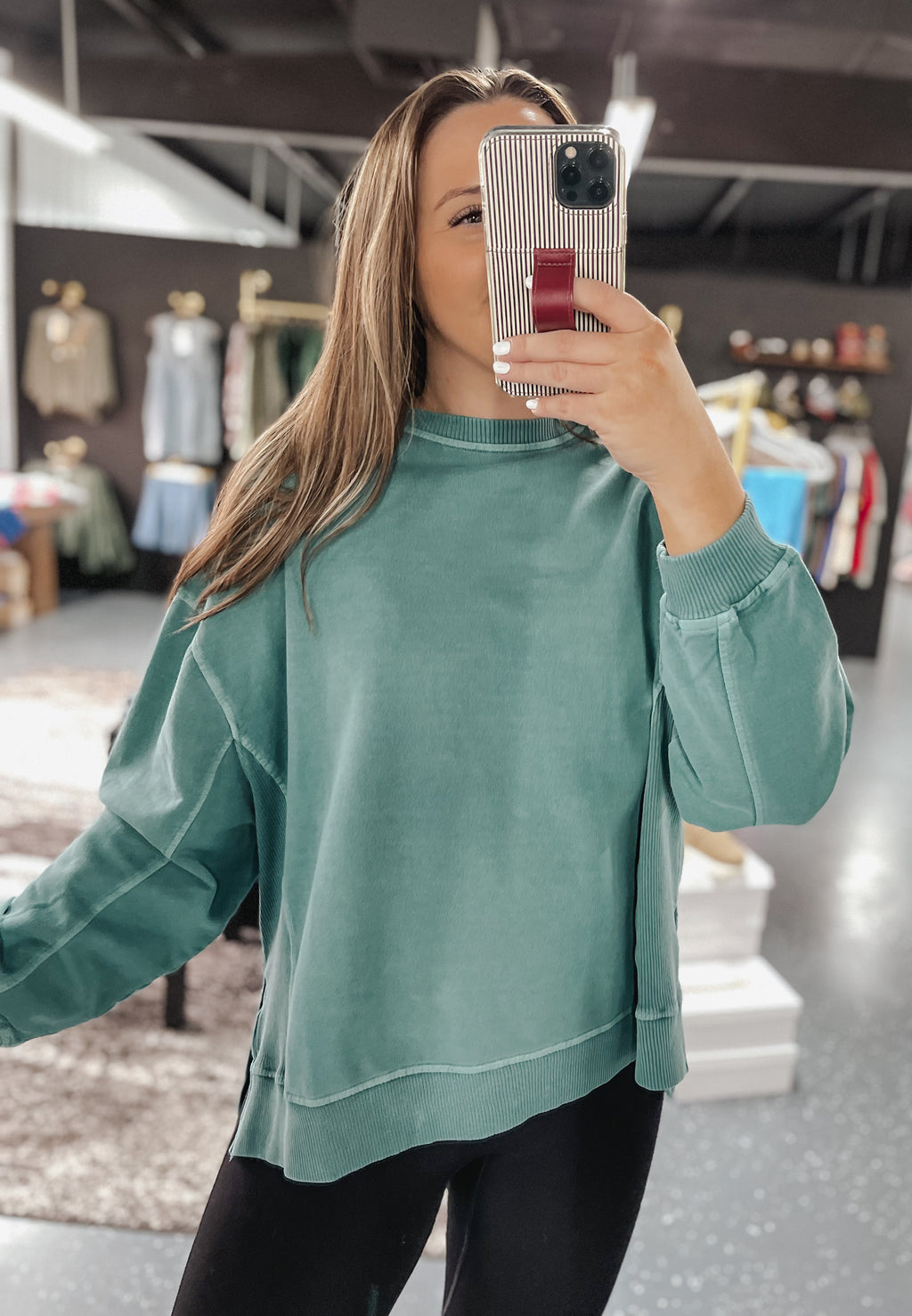 French Terry Ribbed Pullover - Teal