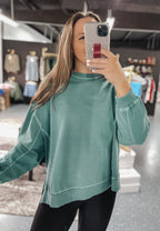 French Terry Ribbed Pullover - Teal