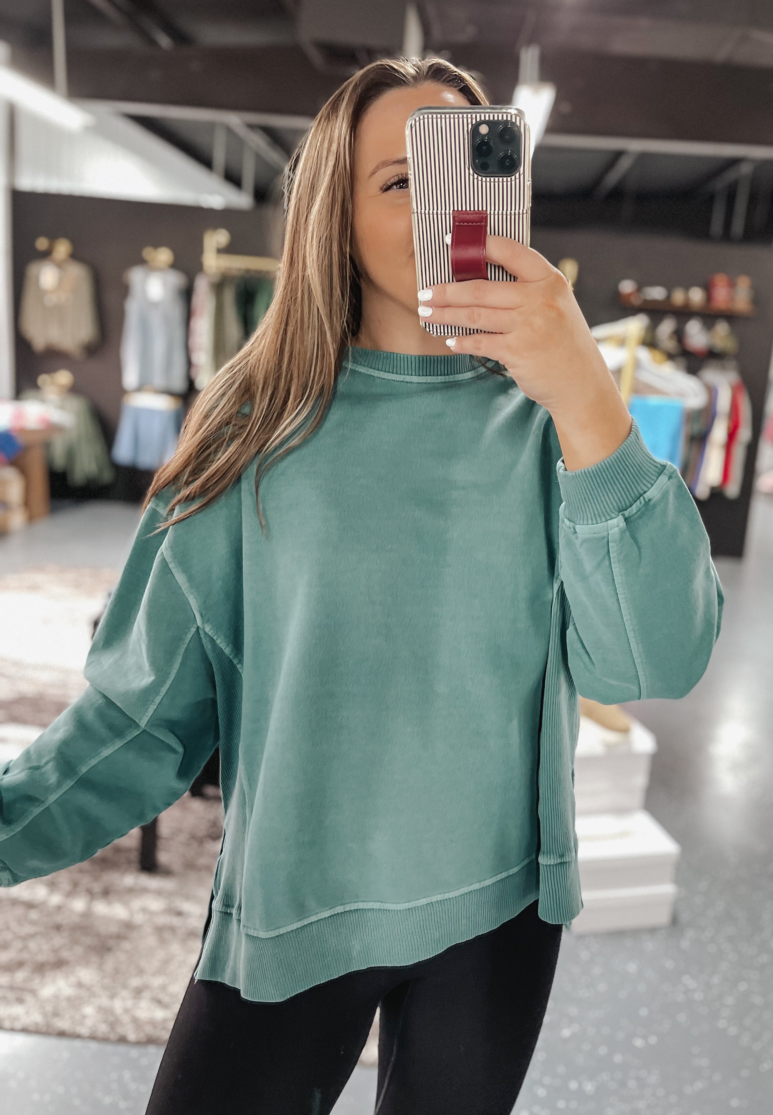 French Terry Ribbed Pullover - Teal