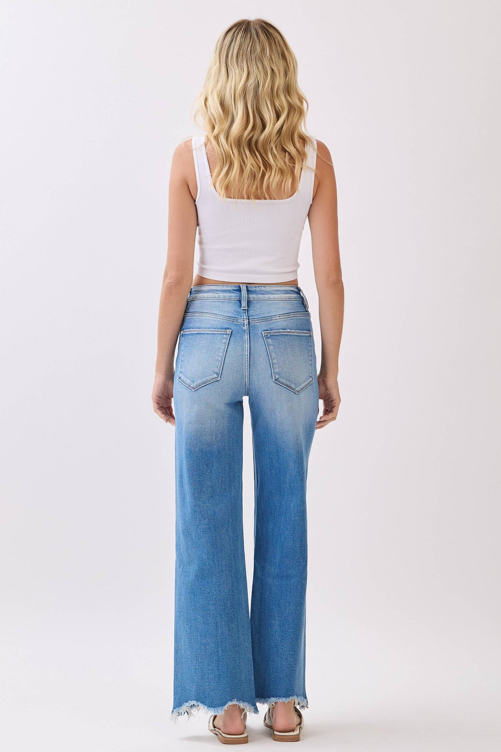 HIGH RISE STRETCH WIDE LEG DESTROYED HEM JEANS