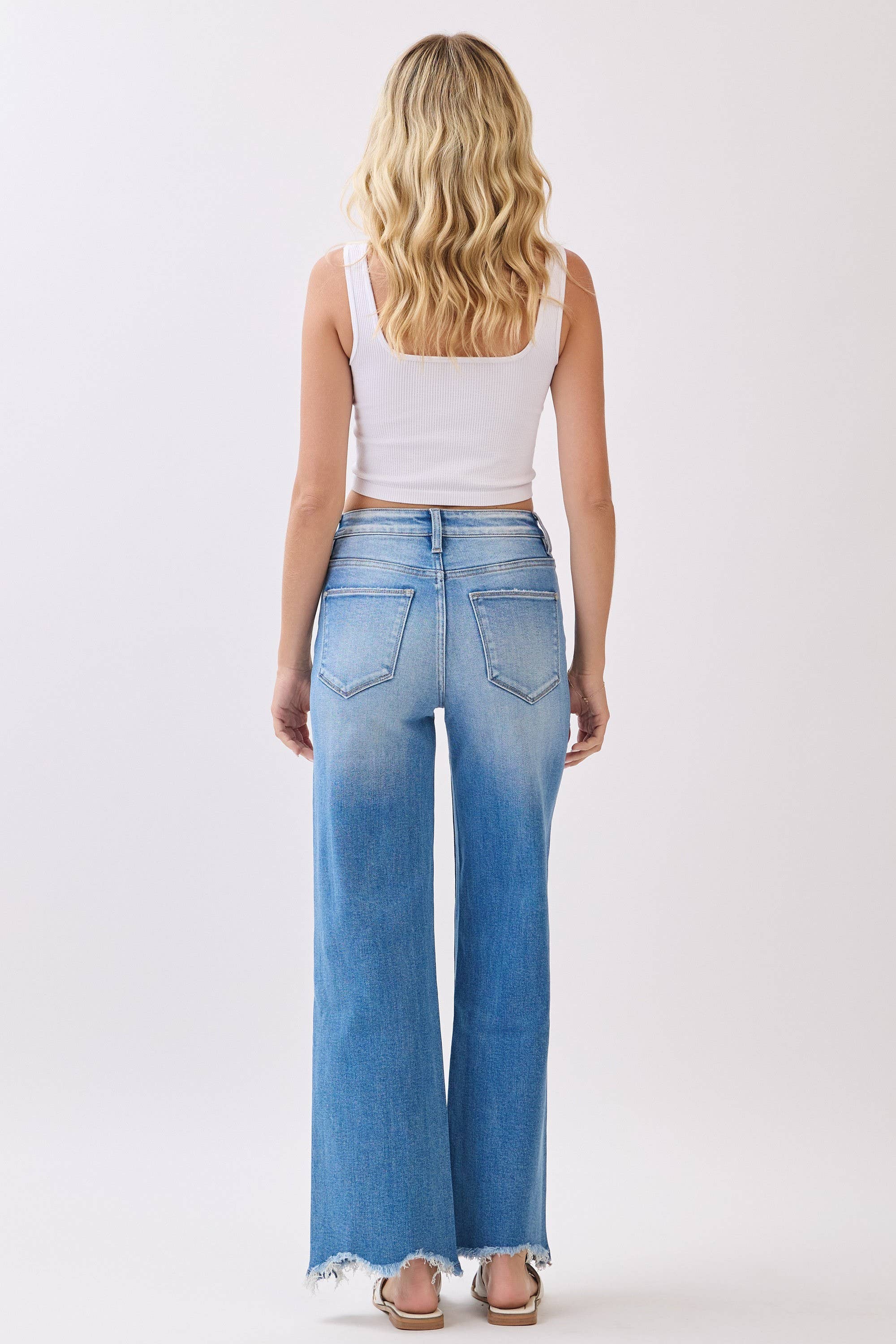 HIGH RISE STRETCH WIDE LEG DESTROYED HEM JEANS