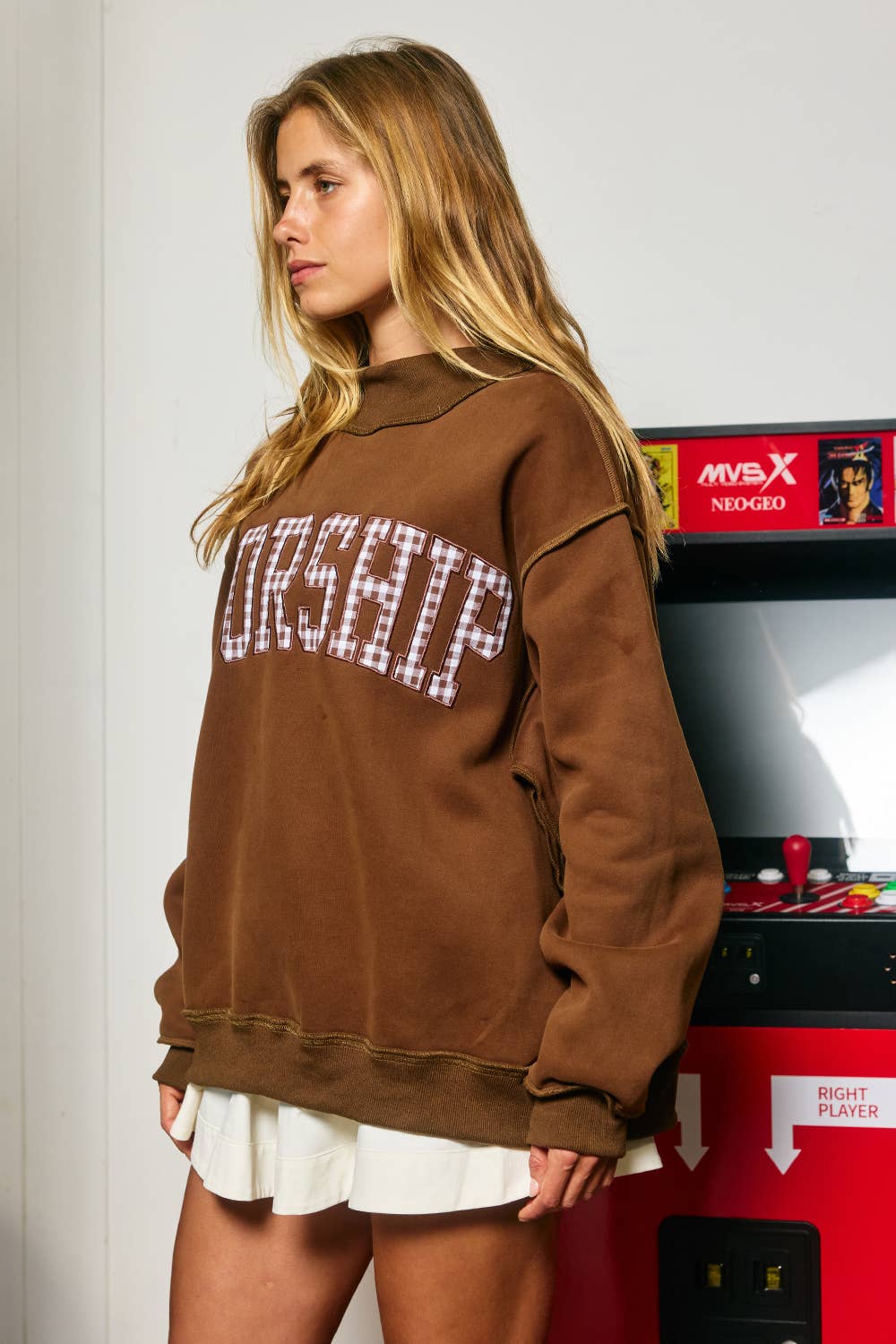 Gingham "WORSHIP" Mock Neck Sweatshirt
