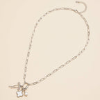 Gold Dipped Bow Charm Necklace with Clover and Pearl