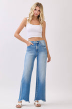HIGH RISE STRETCH WIDE LEG DESTROYED HEM JEANS