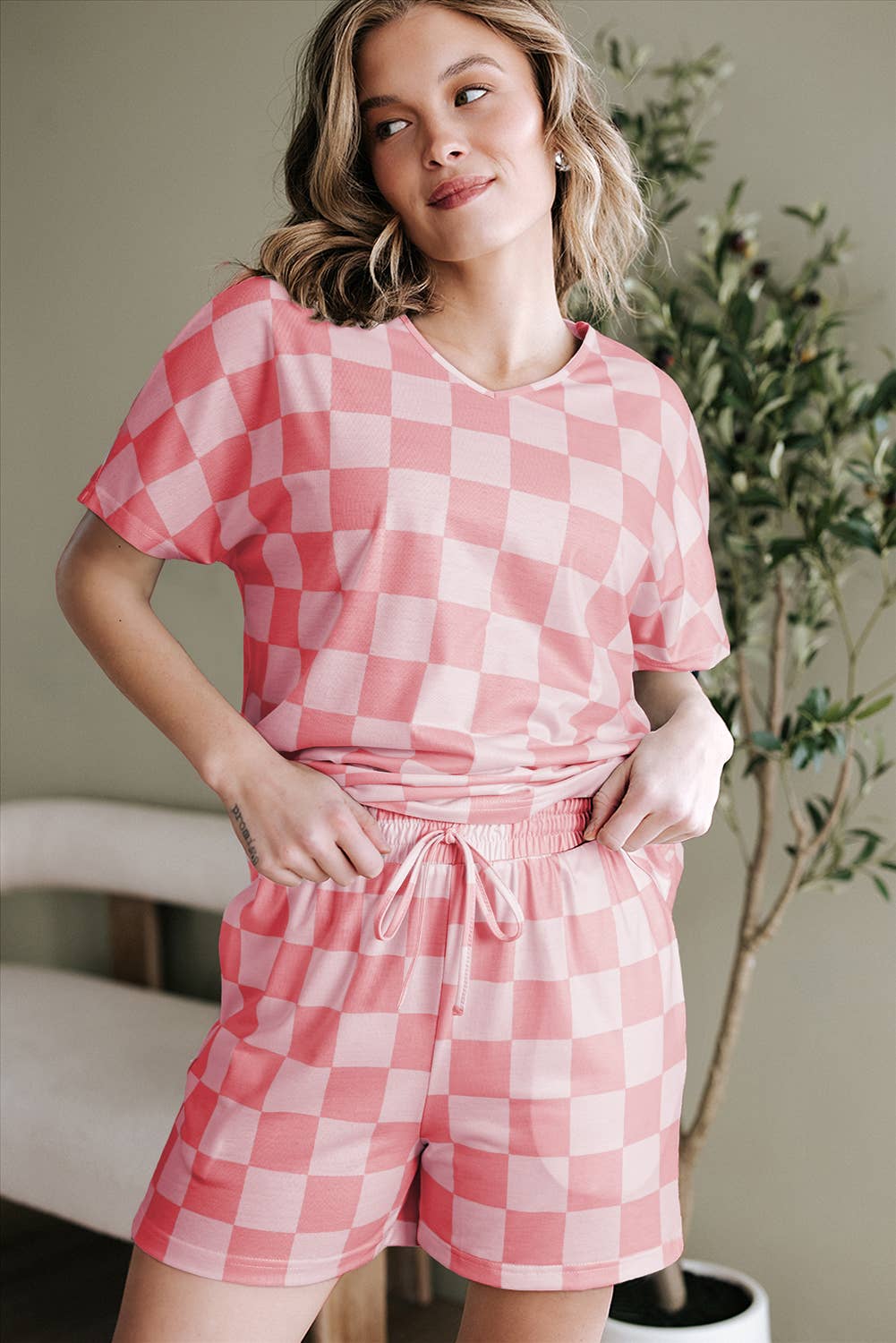 Checkered V Neck Tee Drawstring Shorts Lounge Set