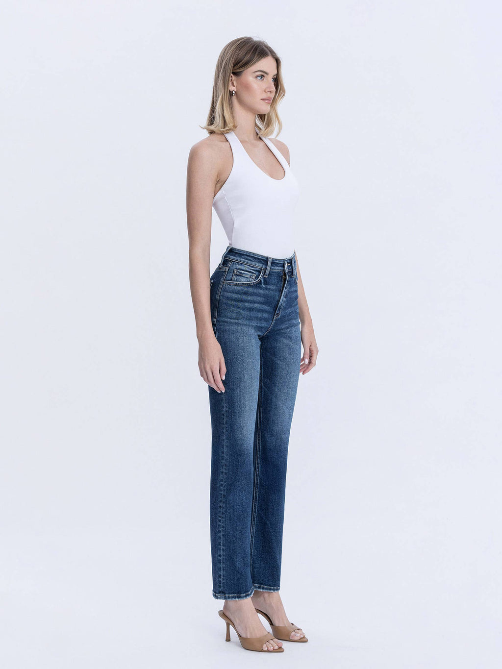 HIGH RISE FULL LENGTH DARK WASH STRAIGHT LEG JEAN