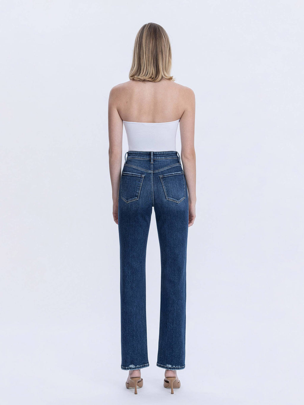 HIGH RISE FULL LENGTH DARK WASH STRAIGHT LEG JEAN