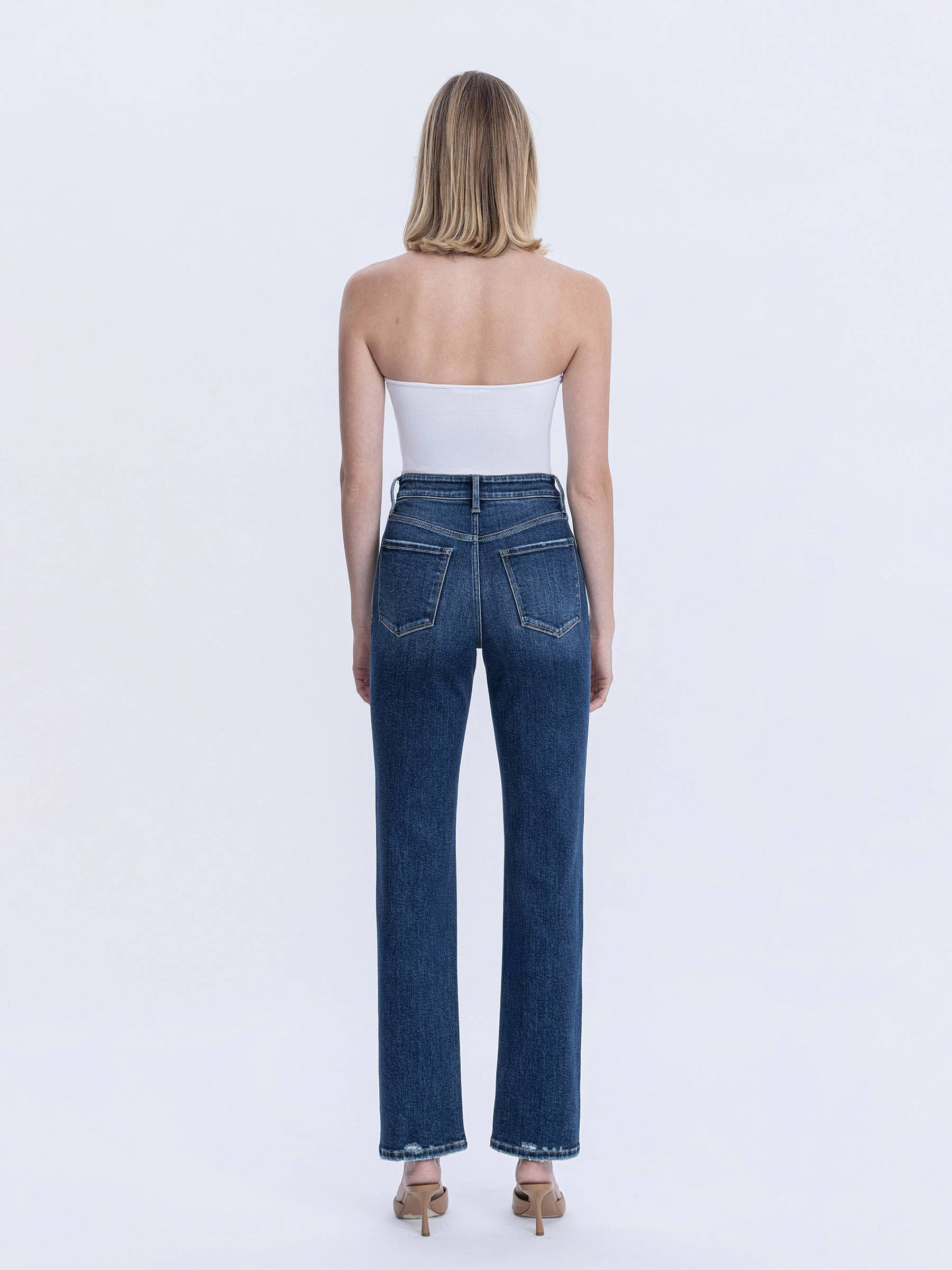 HIGH RISE FULL LENGTH DARK WASH STRAIGHT LEG JEAN