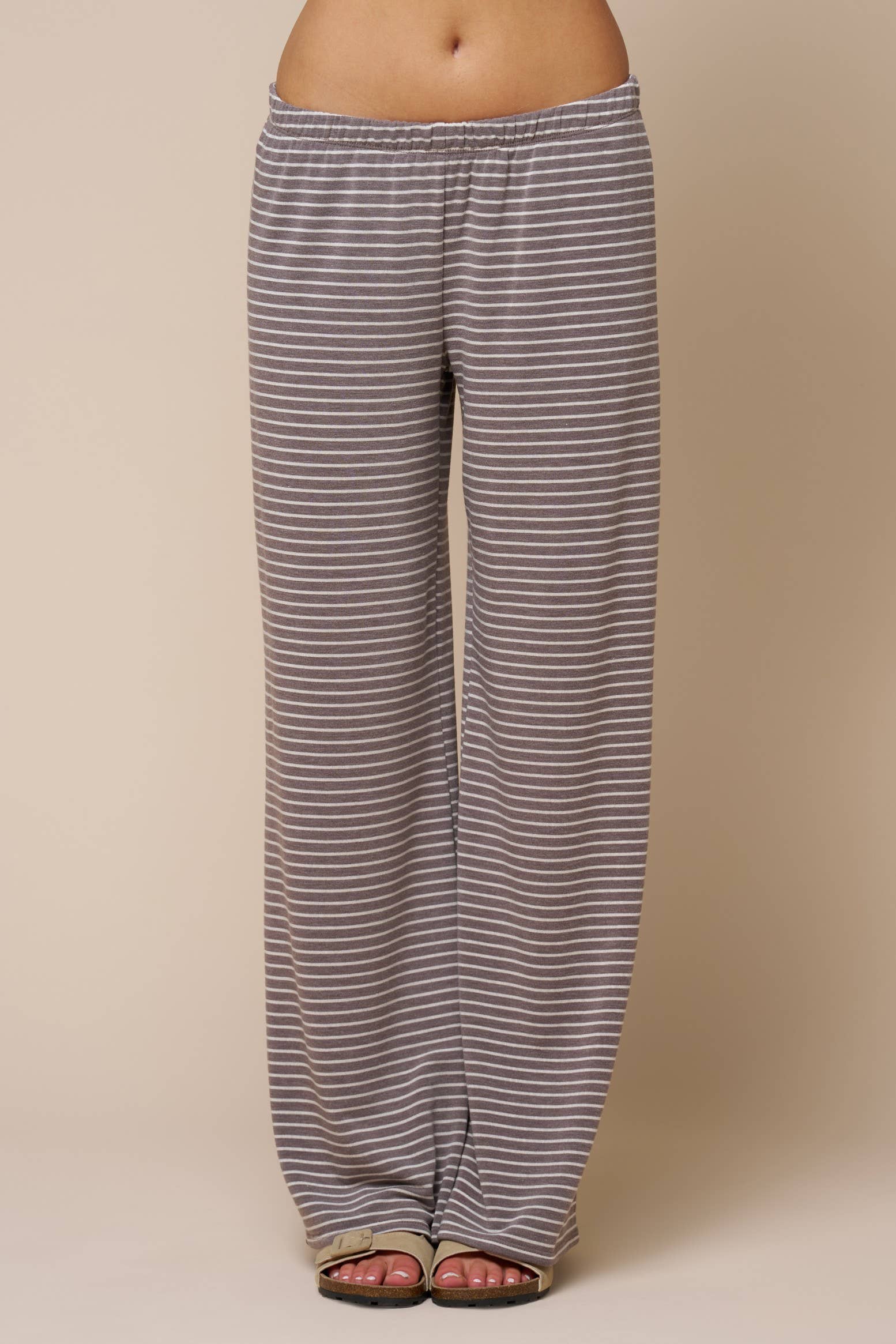 Stripe Print Pants W/ Contrast Elastic Waist