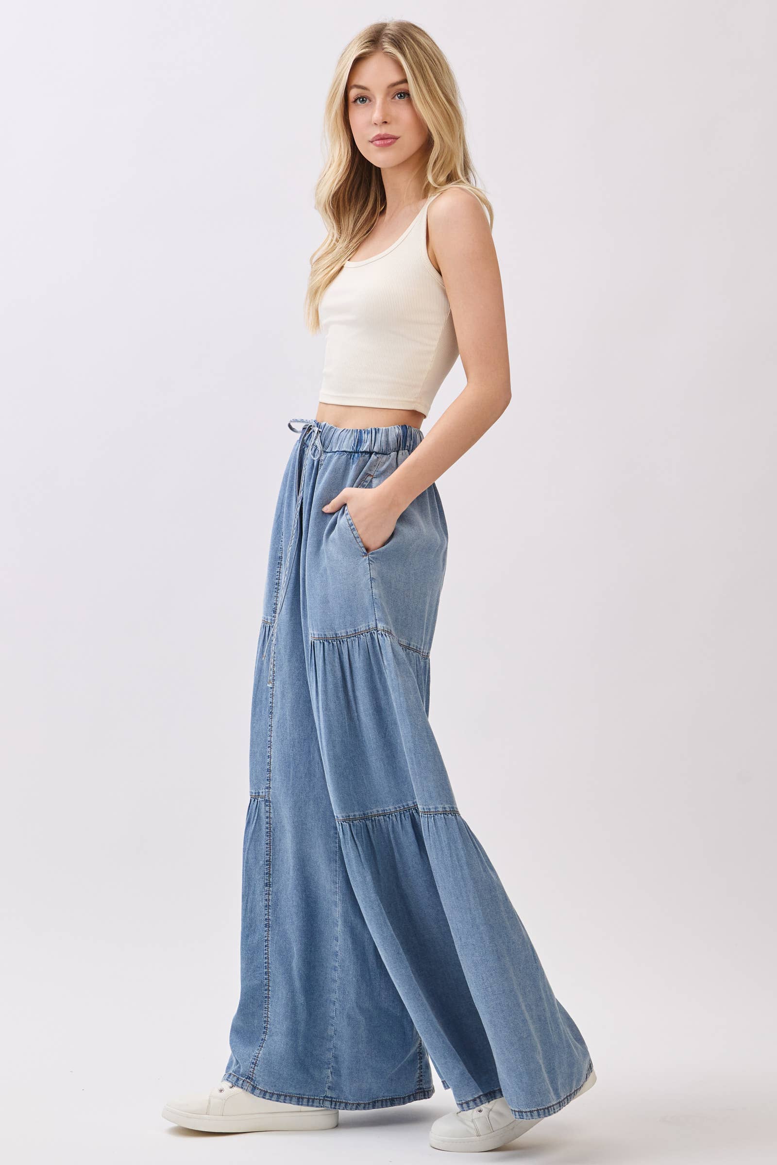 Chambray Mineral Washed Wide Leg Pants