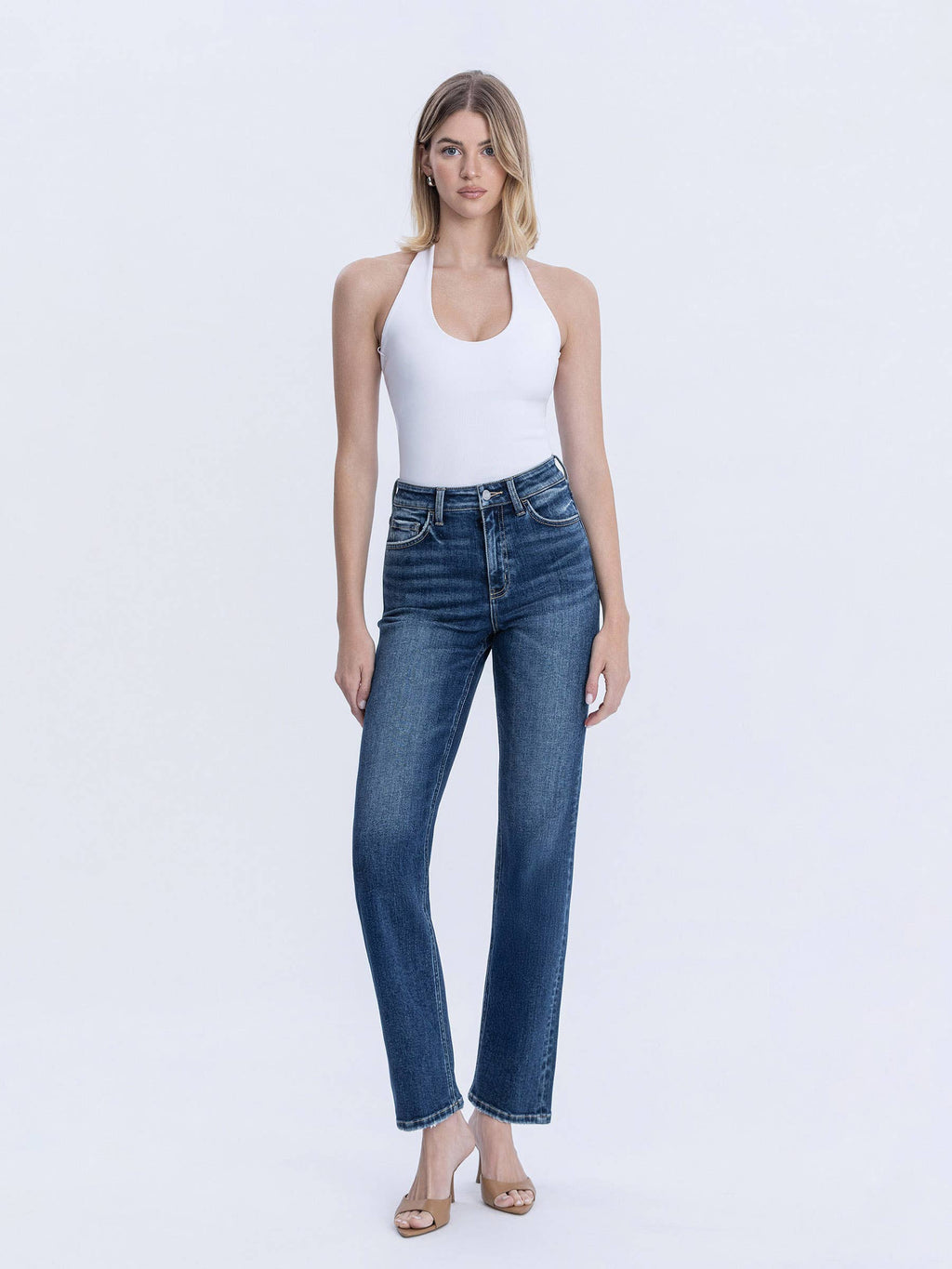HIGH RISE FULL LENGTH DARK WASH STRAIGHT LEG JEAN
