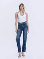 HIGH RISE FULL LENGTH DARK WASH STRAIGHT LEG JEAN