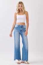 HIGH RISE STRETCH WIDE LEG DESTROYED HEM JEANS