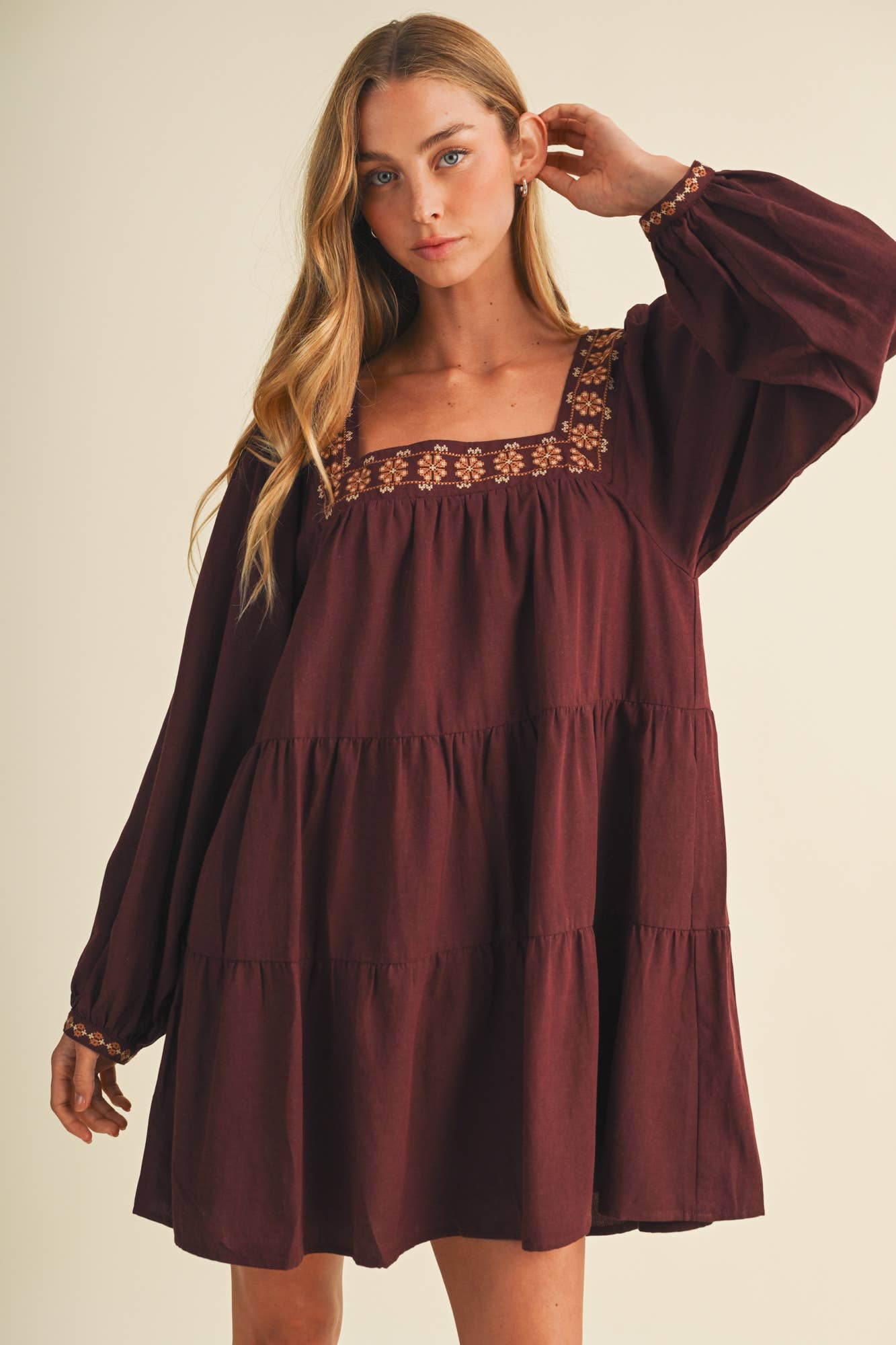 Autumn Harvest Square-Neck Embroidered Dress