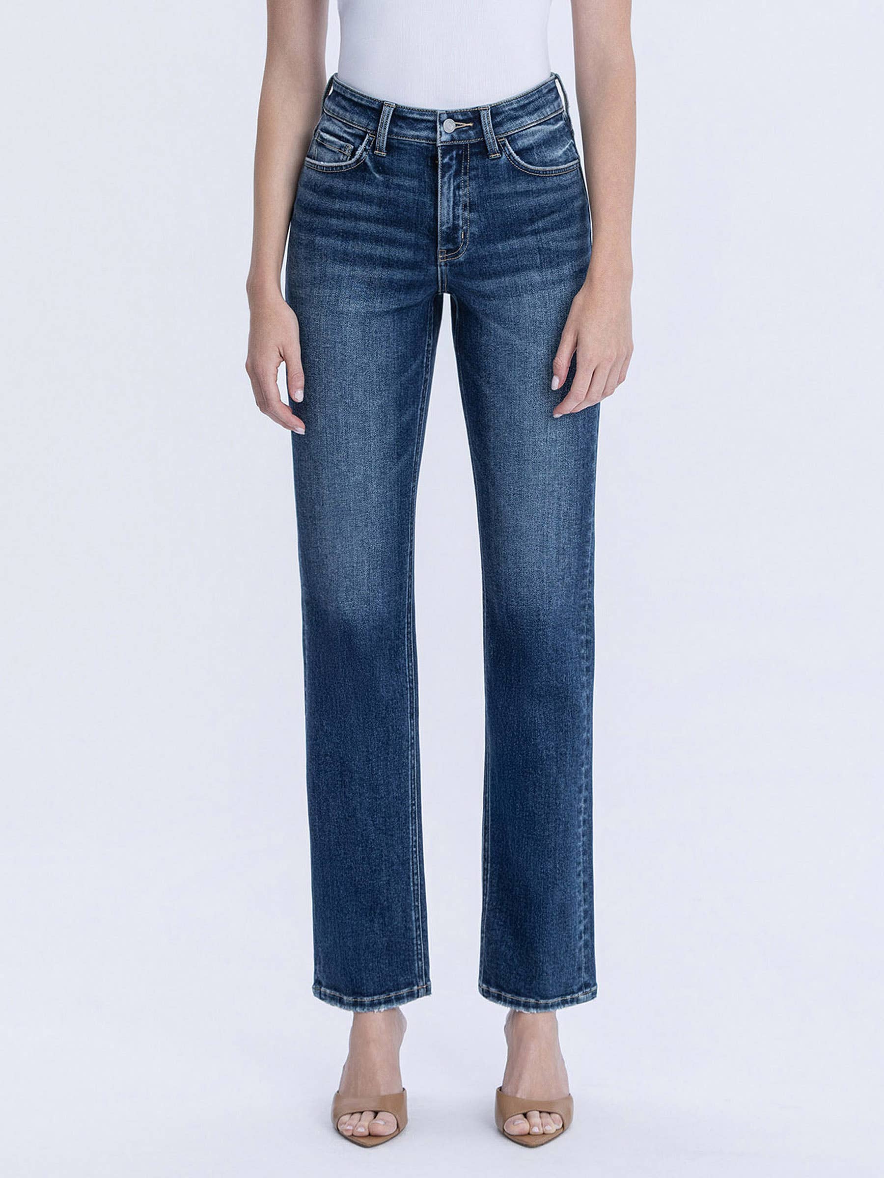 HIGH RISE FULL LENGTH DARK WASH STRAIGHT LEG JEAN