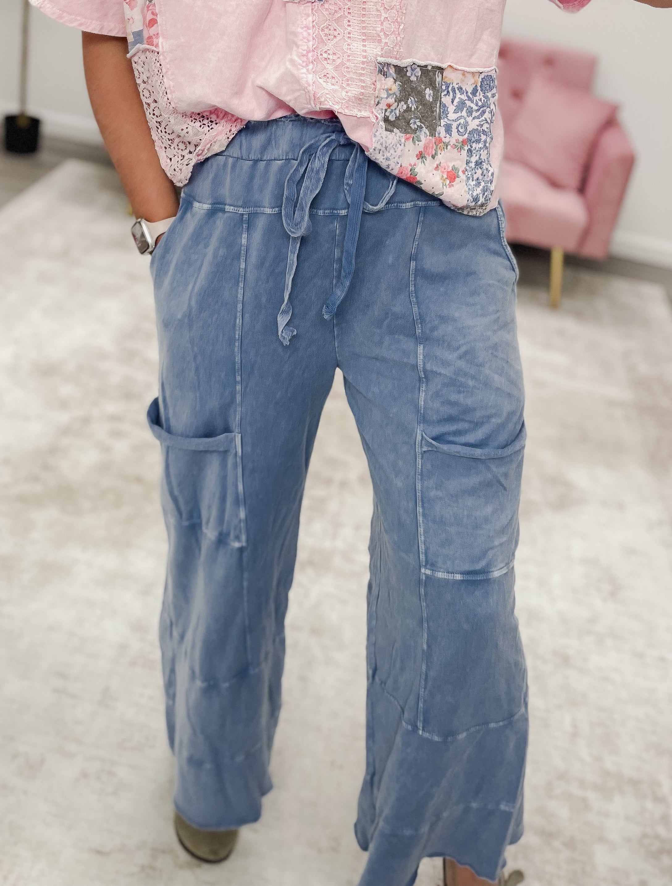 Mineral Wash Wide Leg Pants - DENIM
