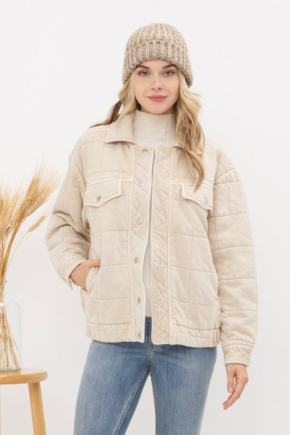 Stone Washed Quilted Pocket Front Jacket