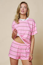 Multicolor Stripe Print Tee W/ Contrast Neckline