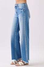 HIGH RISE STRETCH WIDE LEG DESTROYED HEM JEANS