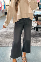 Cropped Straight Leg Raw Hem Jeans - Washed Black