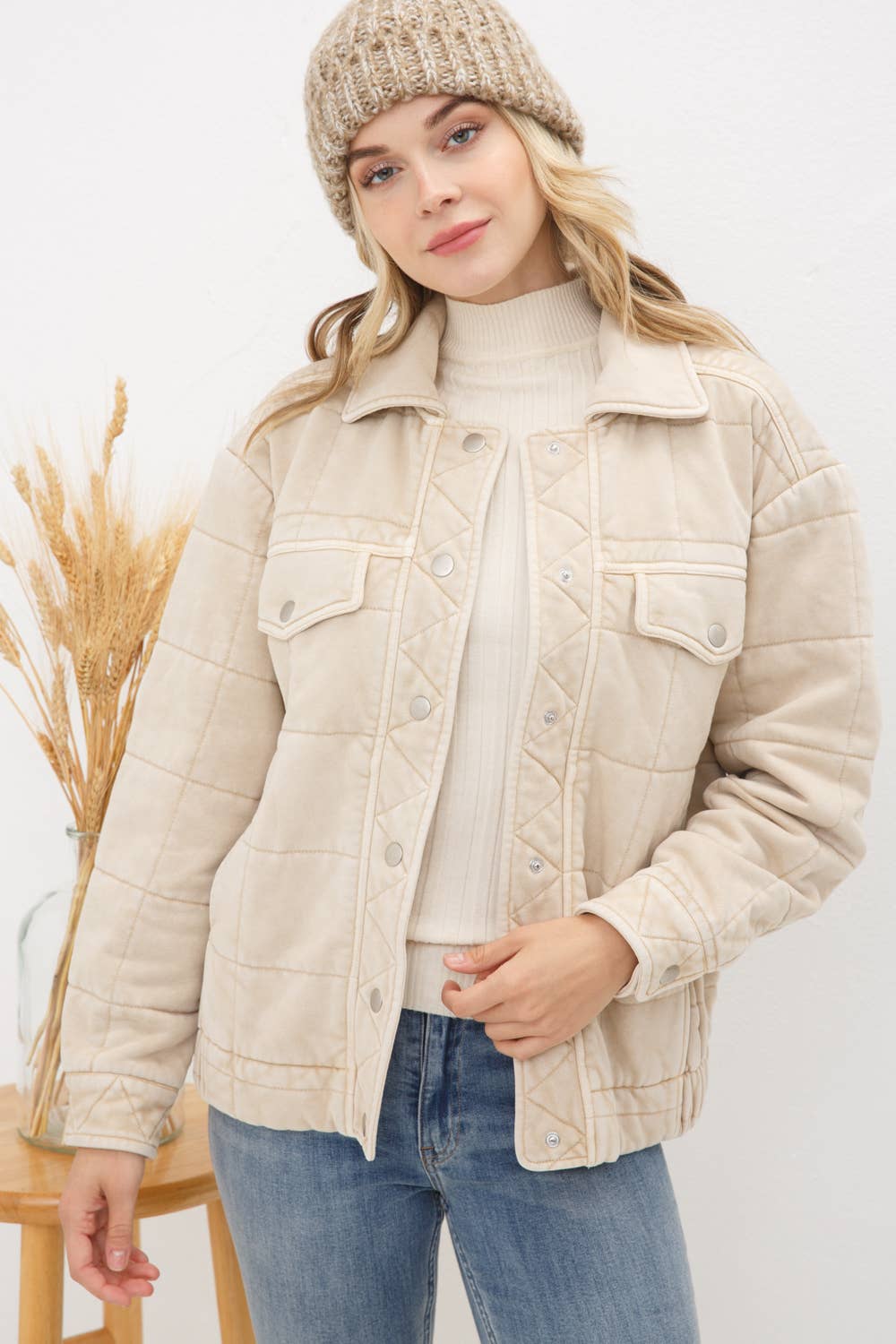 Stone Washed Quilted Pocket Front Jacket