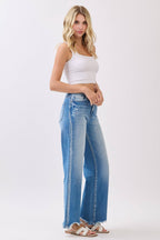 HIGH RISE STRETCH WIDE LEG DESTROYED HEM JEANS