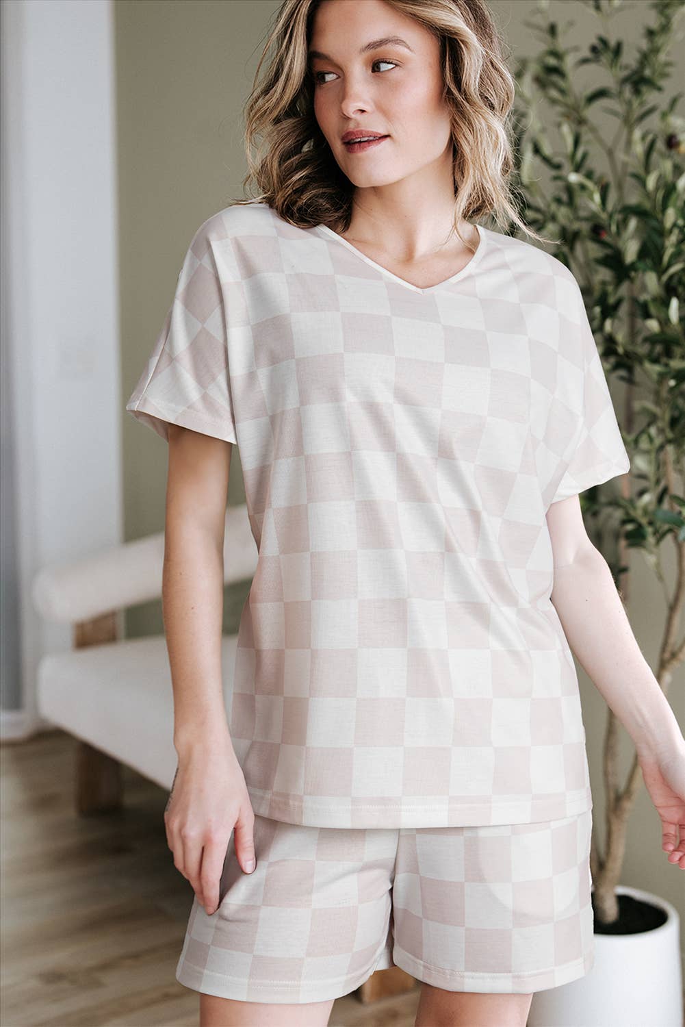 Checkered V Neck Tee Drawstring Shorts Lounge Set
