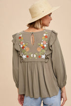 EMBROIDERED RUFFLE SHOULDER BLOUSE