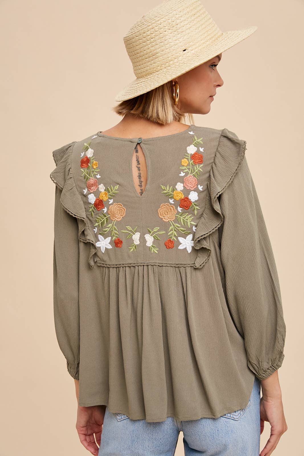EMBROIDERED RUFFLE SHOULDER BLOUSE