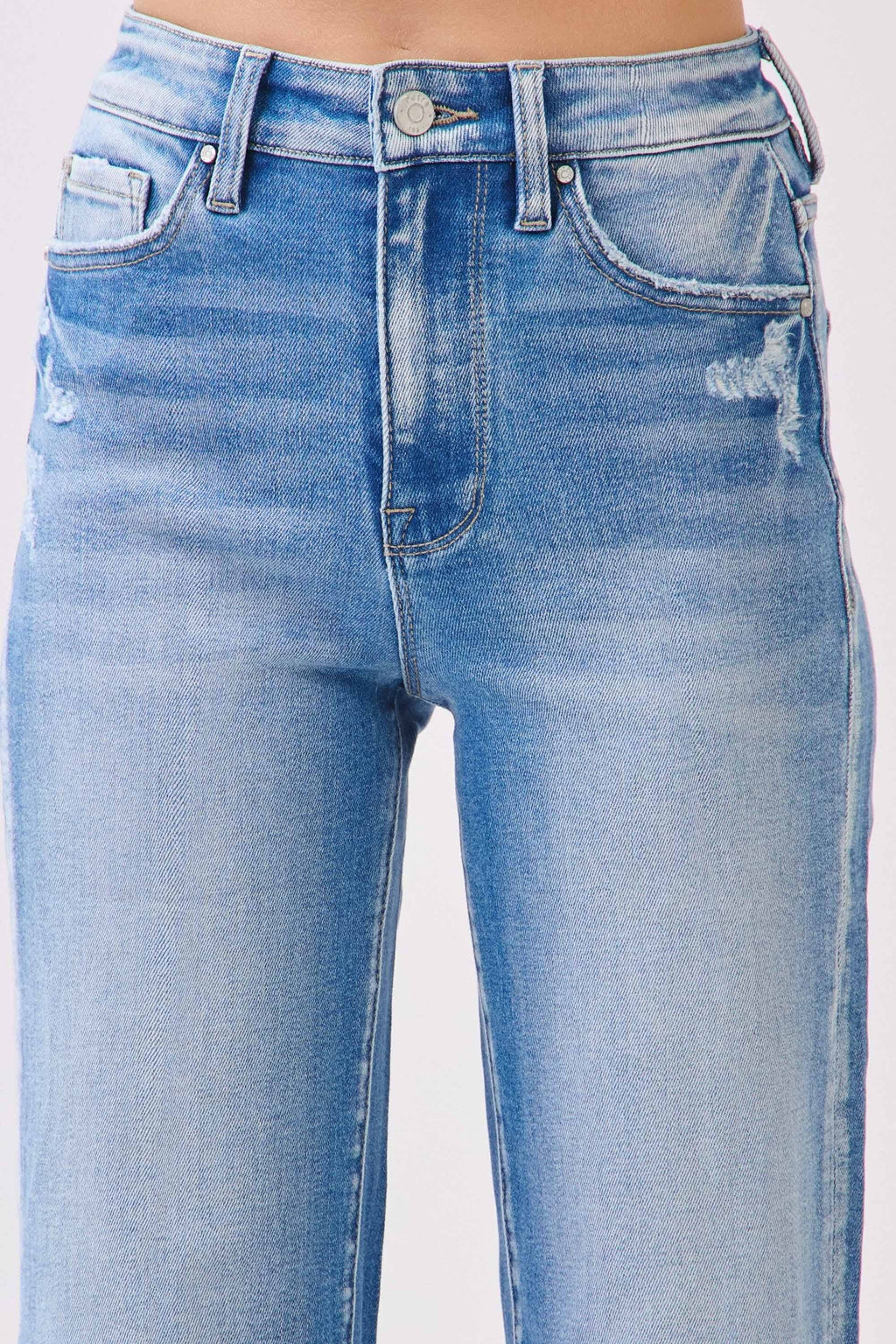HIGH RISE STRETCH WIDE LEG DESTROYED HEM JEANS