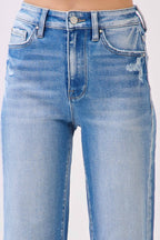 HIGH RISE STRETCH WIDE LEG DESTROYED HEM JEANS