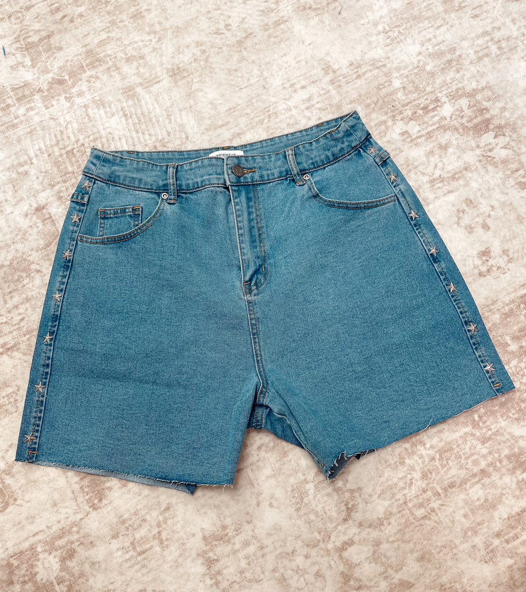 Star studded stretch denim shorts