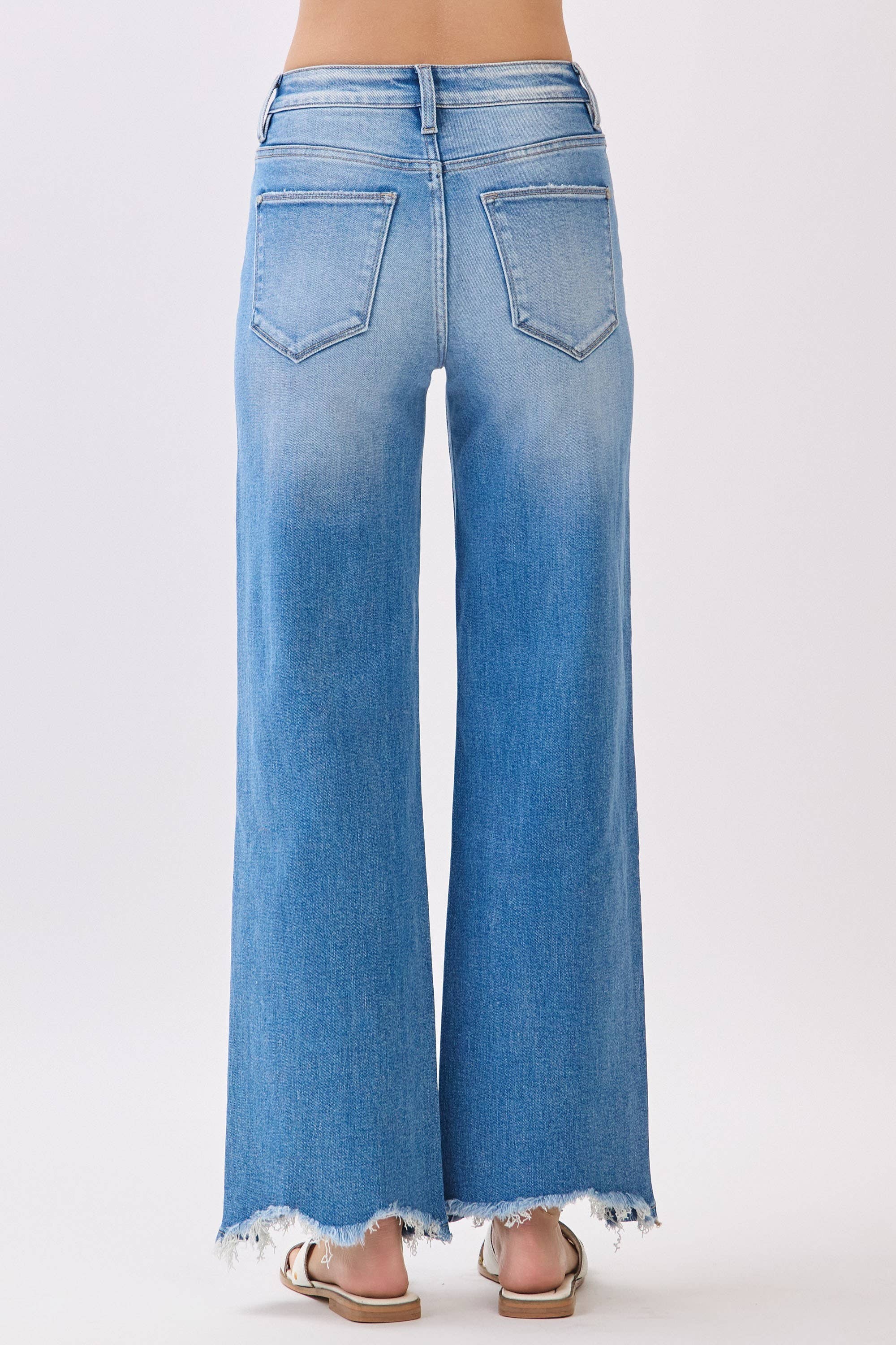HIGH RISE STRETCH WIDE LEG DESTROYED HEM JEANS