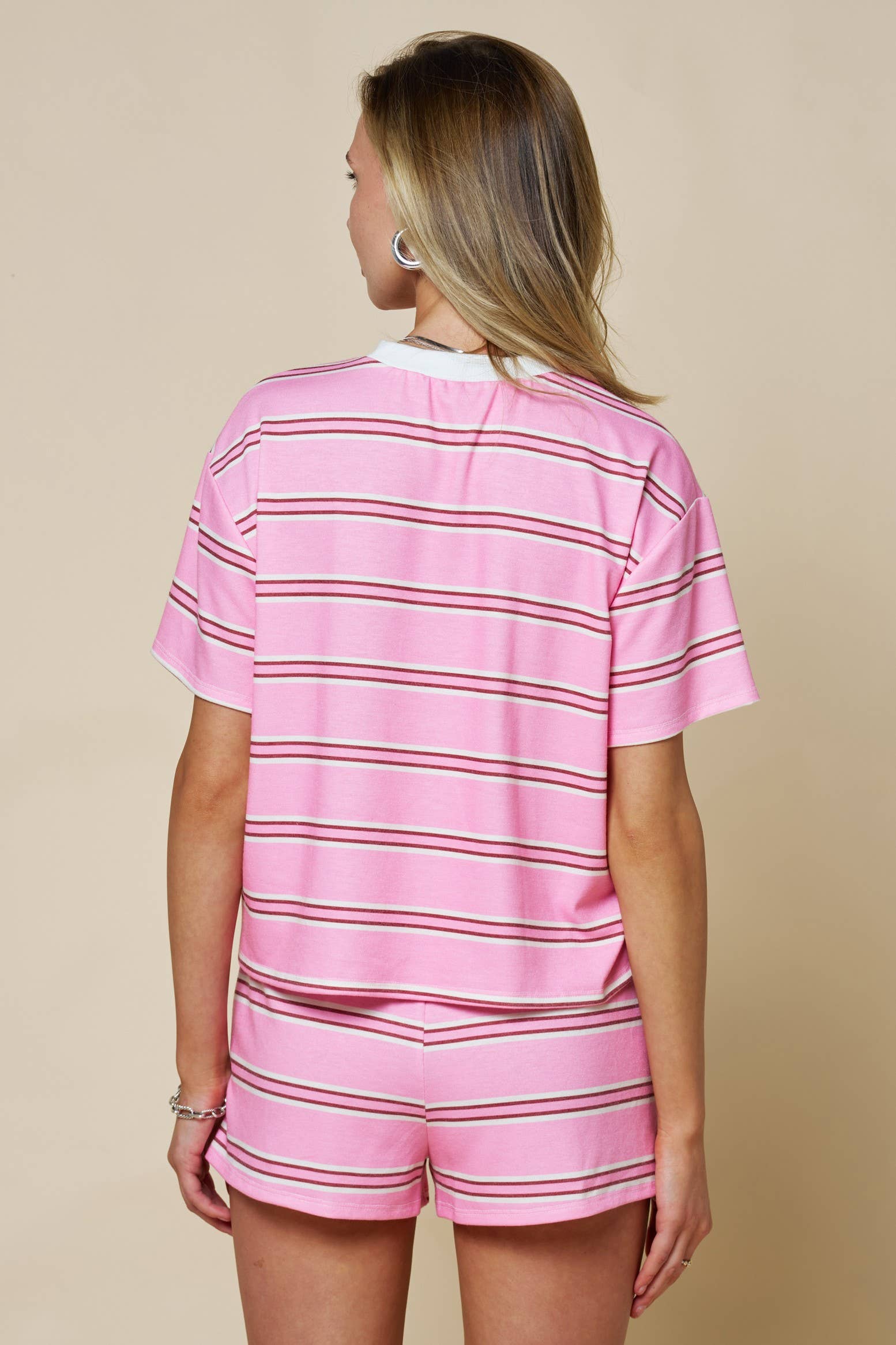 Multicolor Stripe Print Tee W/ Contrast Neckline