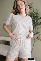 Checkered V Neck Tee Drawstring Shorts Lounge Set