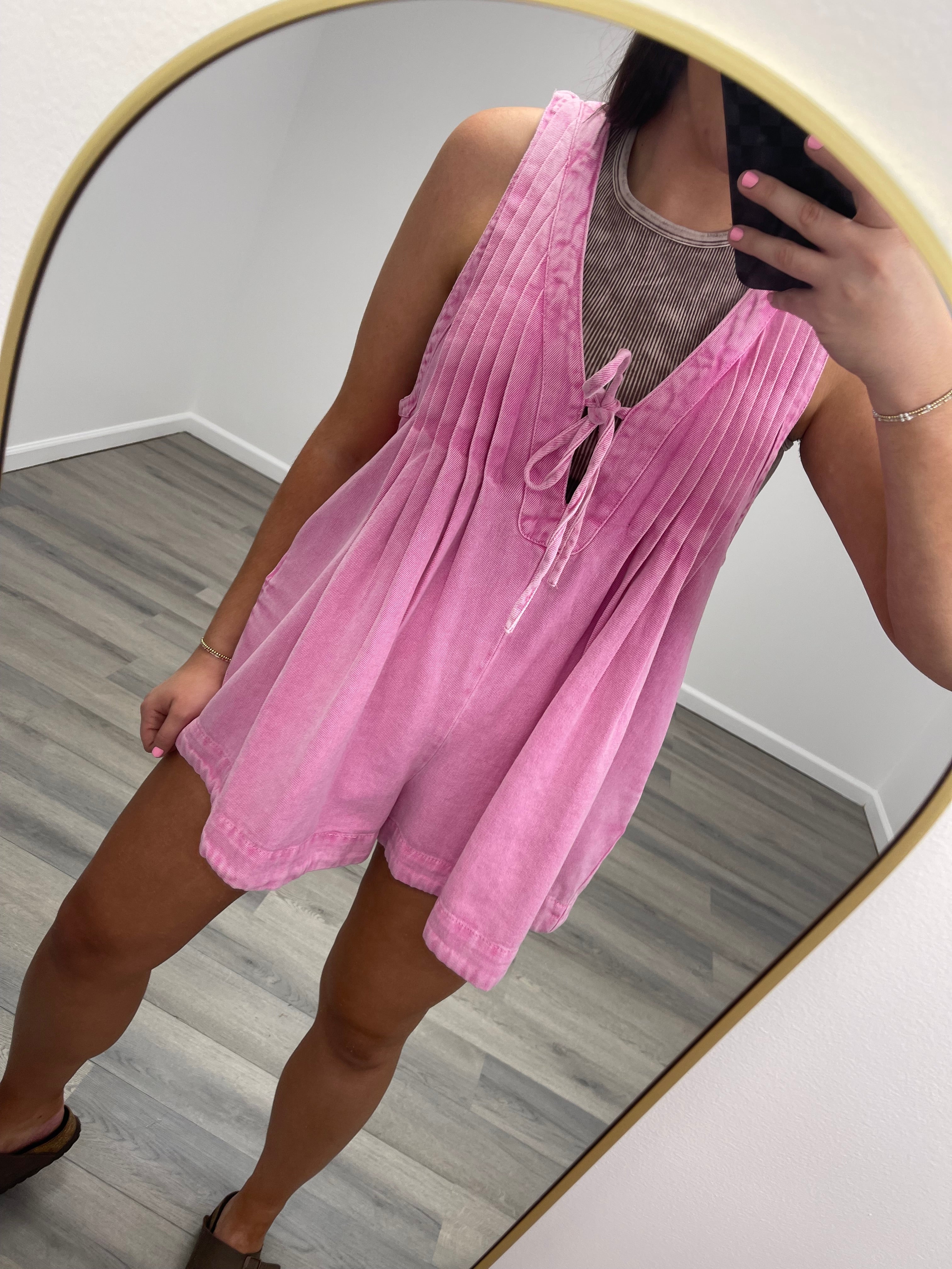 Front Pleated V Neck Sleeveless Denim Romper / PINK
