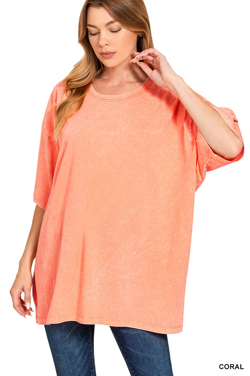 Everyday Acid Wash Oversized Tee - CORAL