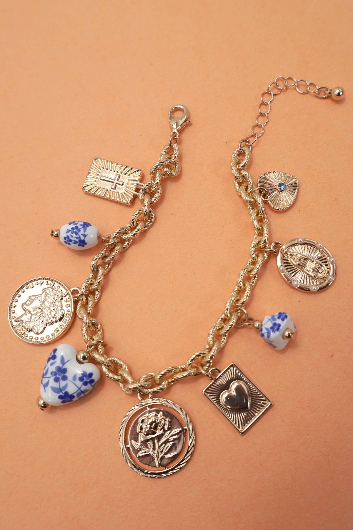 BLUE CERAMIC PORCELAIN COIN CROSS CHARM BRACELET