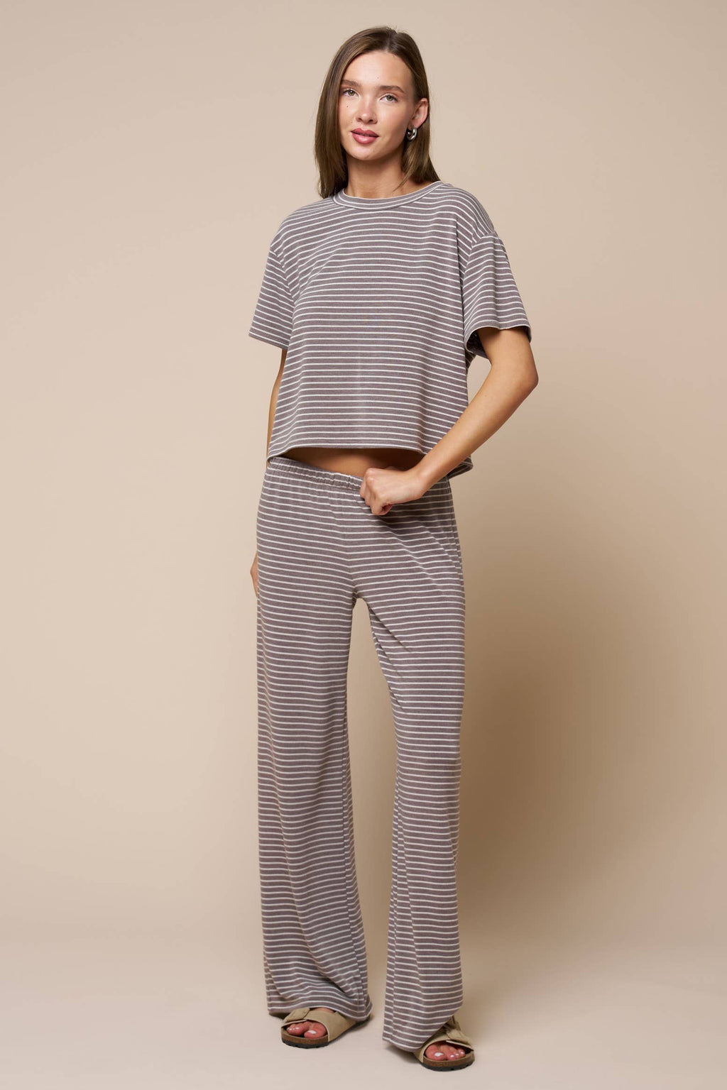 Stripe Print Pants W/ Contrast Elastic Waist