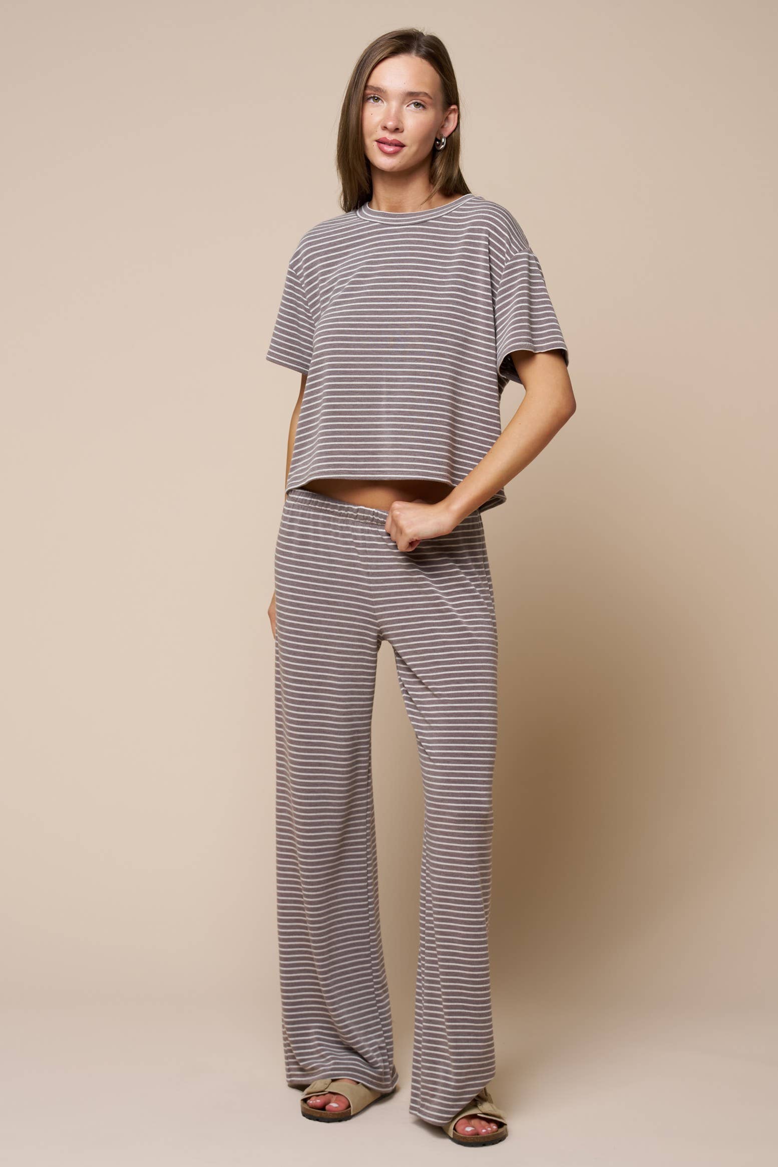 Stripe Print Pants W/ Contrast Elastic Waist