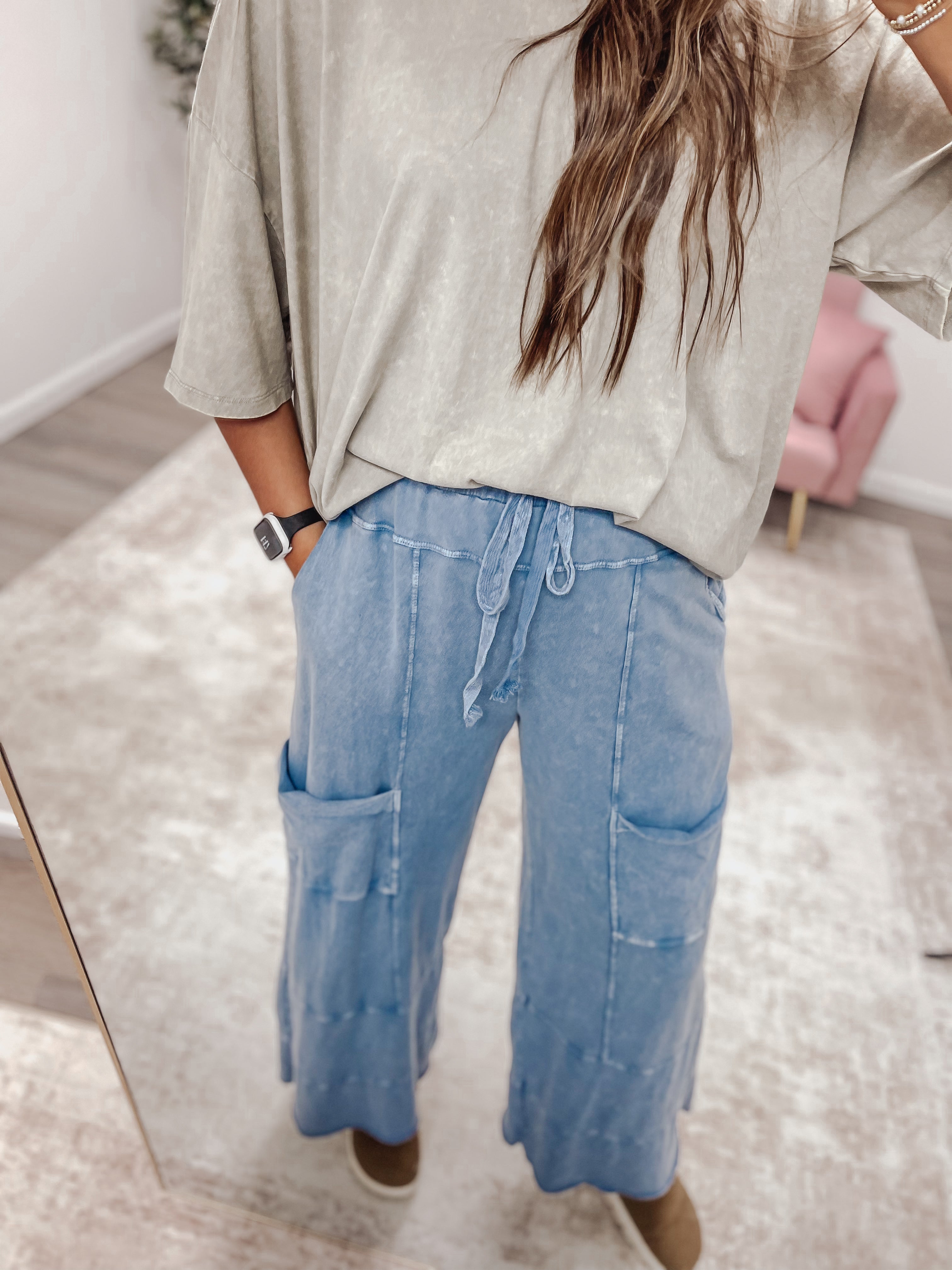 Mineral Wash Wide Leg Pants - DENIM