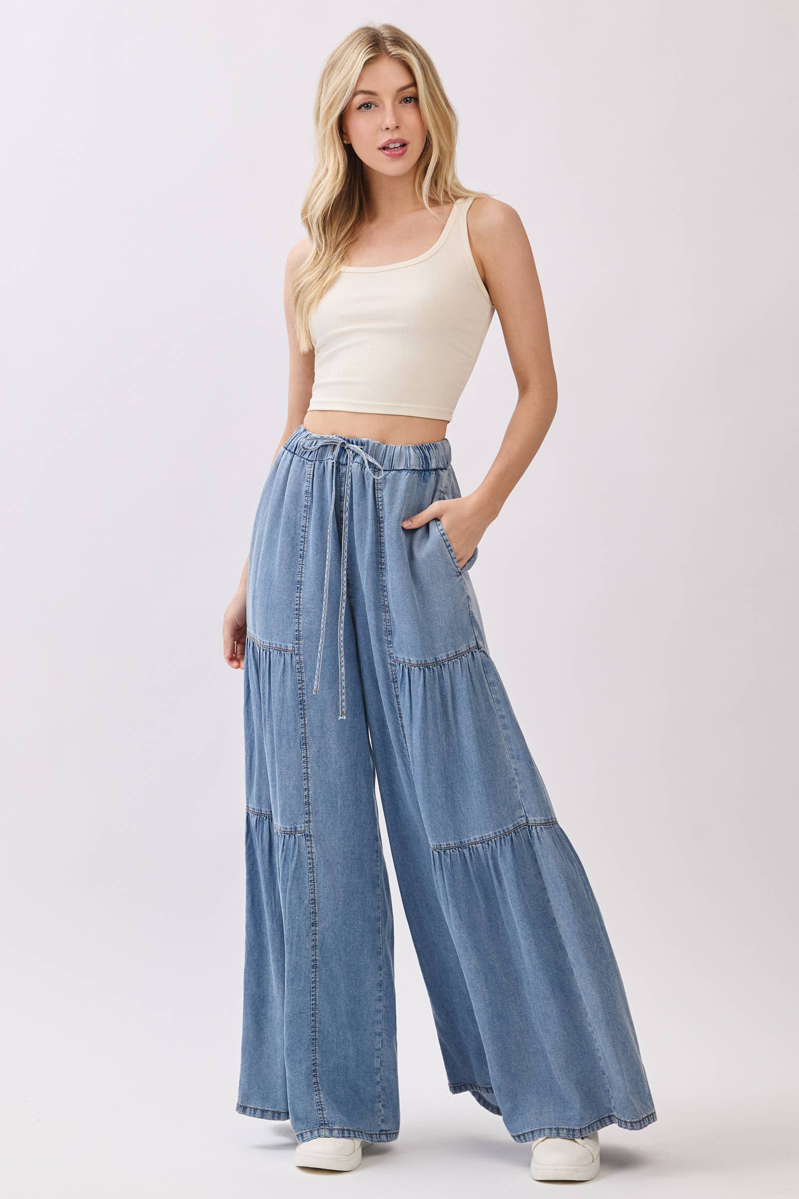 Chambray Mineral Washed Wide Leg Pants